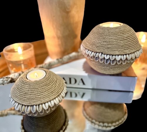 Manila Rope and Cowrie Shell Candle Holder - 4" x 5"