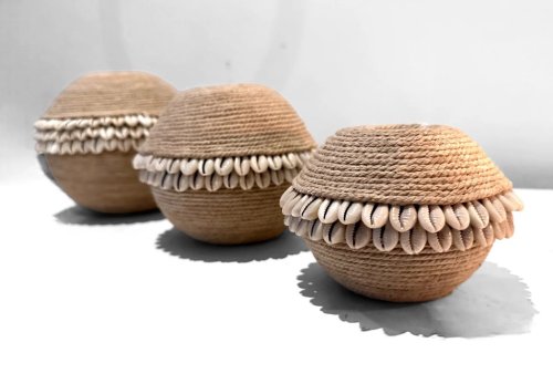 Manila Rope and Cowrie Shell Candle Holder - 4" x 5"