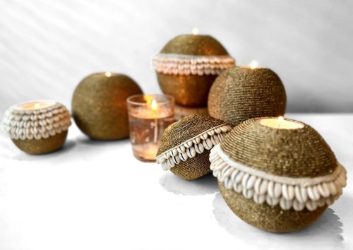 Beaded Cowrie Shell Tea Light Gold - 4" x 5"