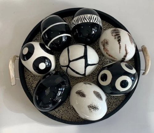 8 Black & White Ostrich Eggs On A Leather Ostrich Tray With Warthog  Handles